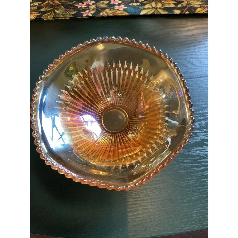 Vintage Jeanette Carnival Glass Anniversary Marigold‎ Three - Footed Bowl